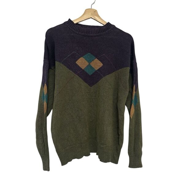 Vintage Structure Argyle Sweater Large Green Colorblock 90s Crew Neck Men’s - Picture 2 of 3